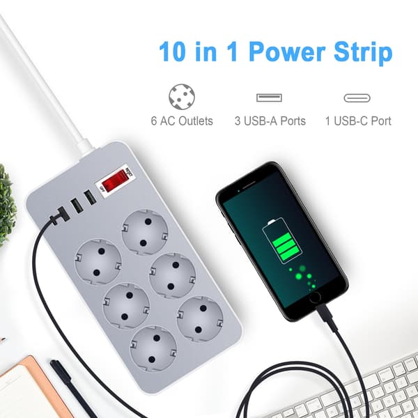 EU-standardin jatkojohto USB- ja Type-C-porteilla