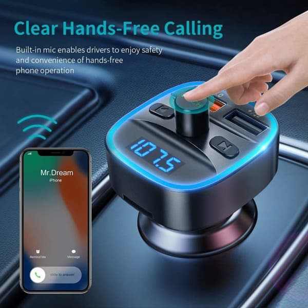 FM-sender, avansert Bluetooth 5.0 bilsett, to USB-porter med QC3.0, trådløs håndfri samtale, adapter