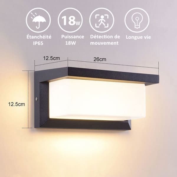 Vegglys - Moderne modell 18W - Bevegelsessensor - IP65 vanntett - Varmhvit 3000K