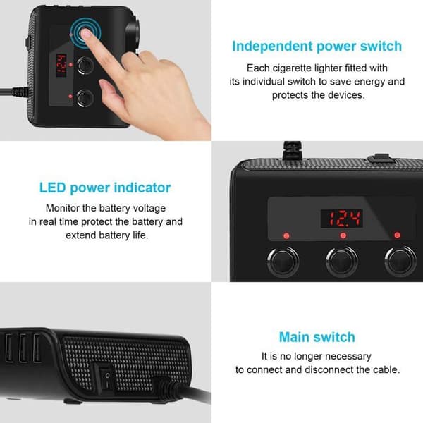 100W USB billader, hurtigladende billaderadapter, 3-uttaks billaderfordeler 110W 4 USB-porter og strømbryter