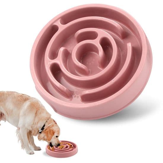 Långsam matskål för hund, uppror-säker skål, saktar ner äthastigheten, rosa