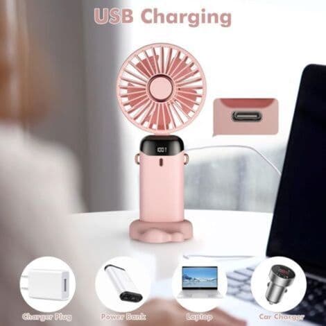 Mini bærbar ventilator, USB genopladelig - 5 blæserhastigheder - LED-display - Stille drift - Pink