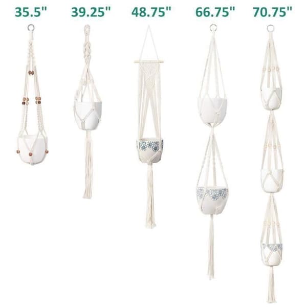 Set med 5 makrame-växthängare med olika nivåer, beige bomullsrepkruka