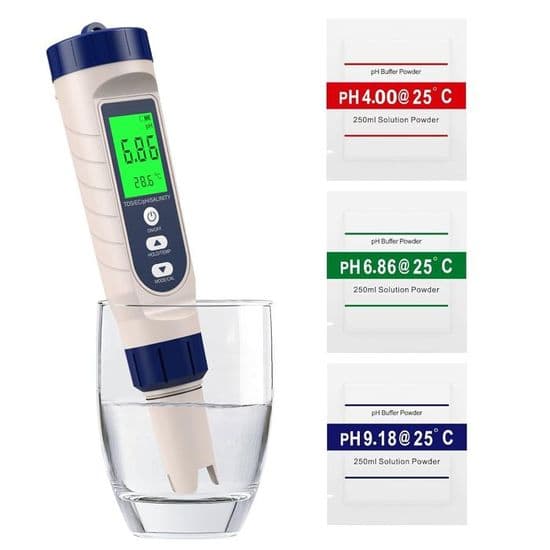 5-i-1 pH-måler, pH, TDS, EC, salinitet, termometer, basseng-pH-tester med bakgrunnsbelyst LCD-skjerm og temperaturkompensasjon
