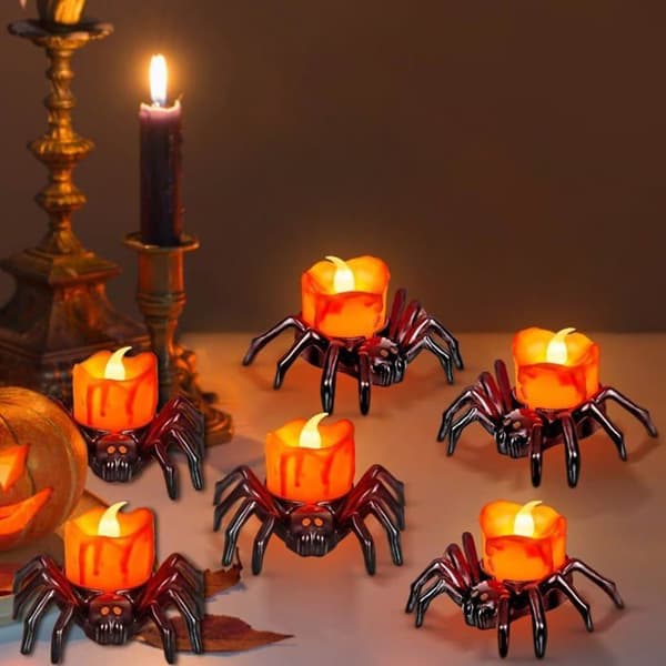 Halloween LED-lys – sett med 6 – edderkoppform – flammeløs – trygg dekorasjon