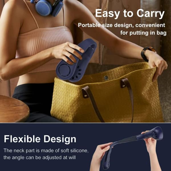 Blå bærbar bladløs halsventilator. 5-trins digitalt display. USB genopladelig.