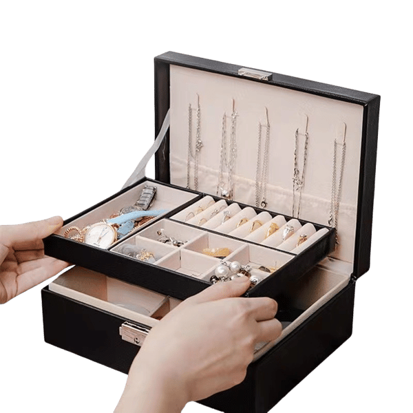 Portable Double Layer Jewelry Box with Lock White Black