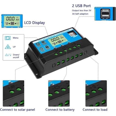 Solpanel opladningscontroller, 12V/24V, 30A, LCD-skærm, dobbelt USB-port