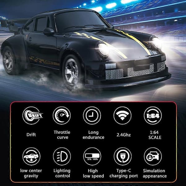 Mini RC Drift Bil, 1:64 Fjernstyret, 4WD Desktop RC Bil med LED Lys, Legetøjsgave til 6 År (Sort)