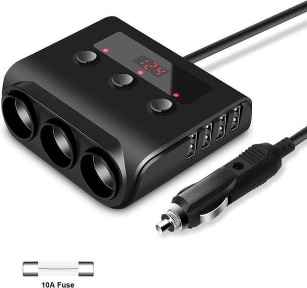 100W USB billader, hurtigladende billaderadapter, 3-uttaks billaderfordeler 110W 4 USB-porter og strømbryter