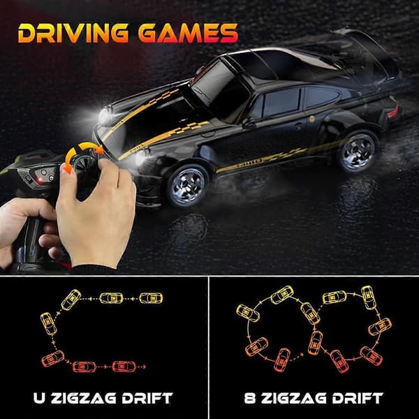 Mini RC Drift Bil, 1:64 Fjernstyret, 4WD Desktop RC Bil med LED Lys, Legetøjsgave til 6 År (Sort)