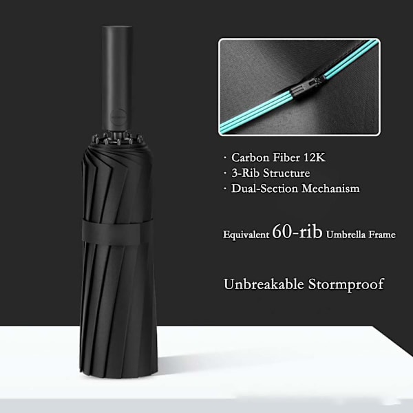 Automatic Storm Umbrella with 60 Ribs - Windproof, Large and UV-Protective Black