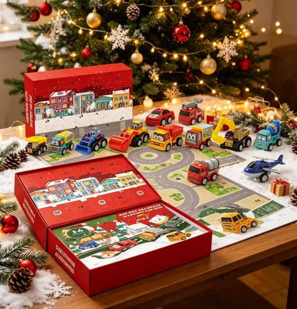 24 dagar julkalender blindlåda, dragbil och flygplansfordonsset, julklapp för barn, 2026 ny