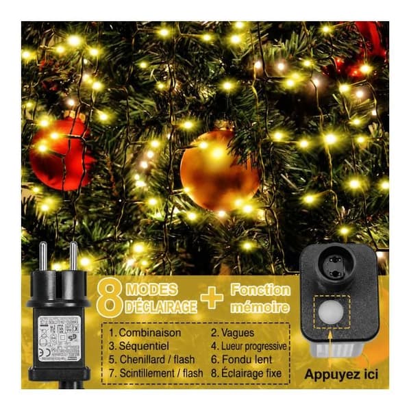 2m juletrelys, 400 varmhvite LED-lys, tre-gardin, 8 moduser, timer, IP44