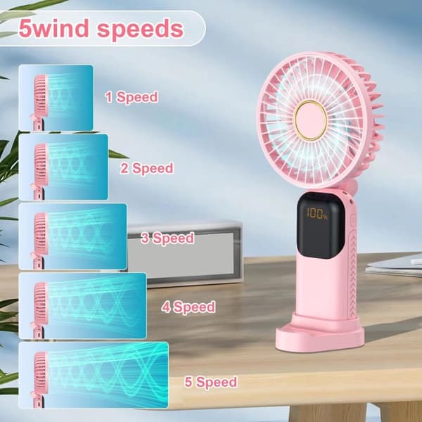 Mini bærbar ventilator. USB genopladelig ventilator. Med stativ. Stille og foldbar lommeventilator (pink).