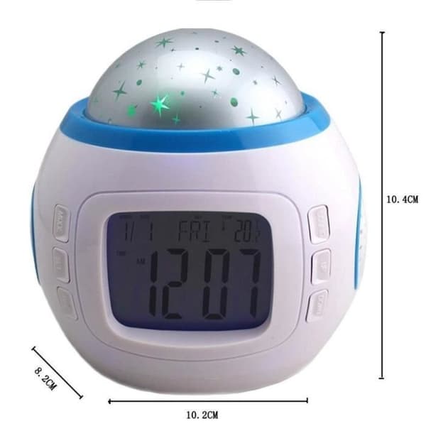Vekkerklokke med projeksjon, musikk, stjernehimmel, kalender, termometer, LED-display, alarm og slumrefunksjon.