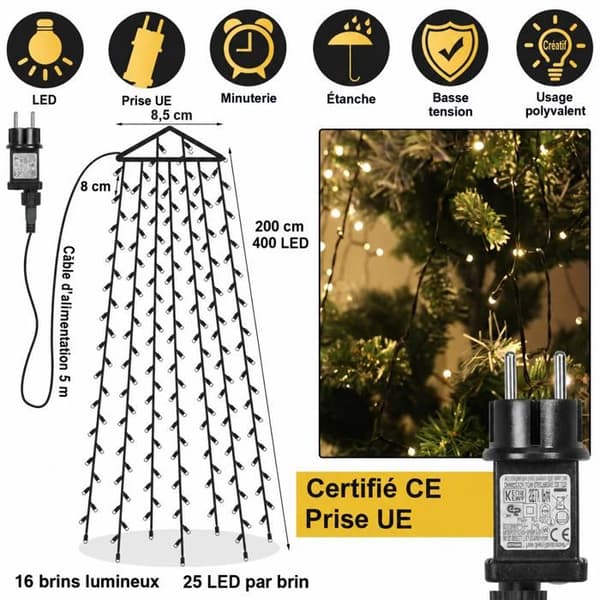 2m juletrelys, 400 varmhvite LED-lys, tre-gardin, 8 moduser, timer, IP44