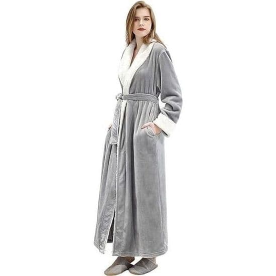 Lang varm flannel badekåbe til kvinder — sjalskrave, 2 store lommer, bælte — M (128 cm) Grå