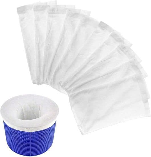 10-pack poolskimmerstrumpor av slitstark elastisk nylon. För filtrering av löv, gräs, hår och mossa.