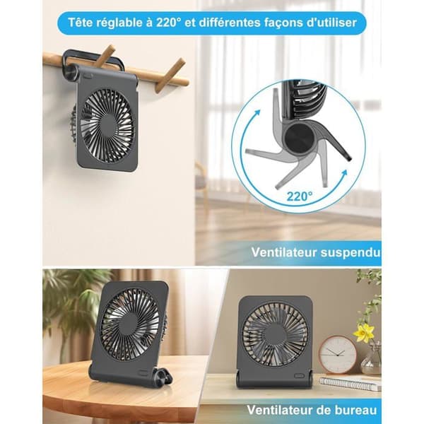 Mini bærbar ventilator med 4 hastigheder, USB genopladelig, lydløs, 220° foldbar, ultrastærk vind, sort