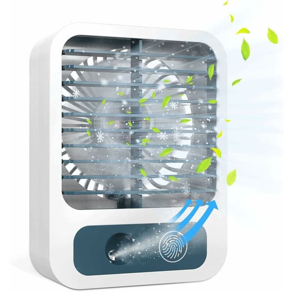 Mini skrivebordsventilator med forstøver. Tre hastigheder. USB genopladelig. Stille drift. Hvid.