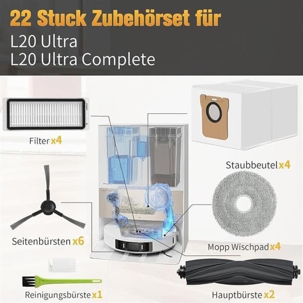 til Dreame L20 Ultra Complete / L20 Ultra Reservedele Tilbehørssæt med hovedbørster, støvposer