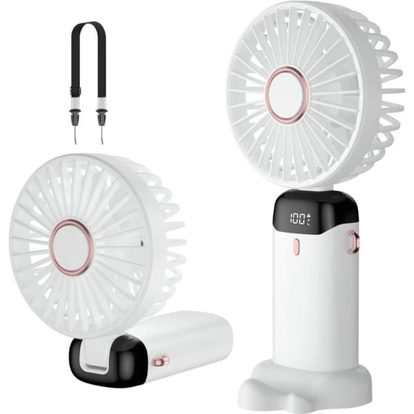 Mini bærbar ventilator, USB genopladelig. Lille lommeventilator med stativ. Sammenklappelig bordventilator - hvid.