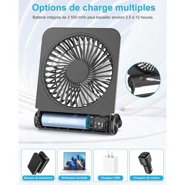 Mini bærbar ventilator med 4 hastigheder, USB genopladelig, lydløs, 220° foldbar, ultrastærk vind, sort