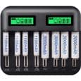 USB-batteriladdare med LCD-display och 8 uppladdningsbara AA-, AAA- och C/D-batterier.