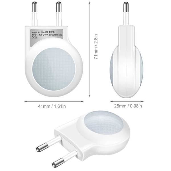 0,7W Mini LED nattlys med lyssensorplugg, automatisk sensor, for barne- og babyrom, hvit, 2 stk LBQ23