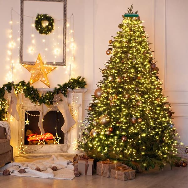 2m juletrelys, 400 varmhvite LED-lys, tre-gardin, 8 moduser, timer, IP44