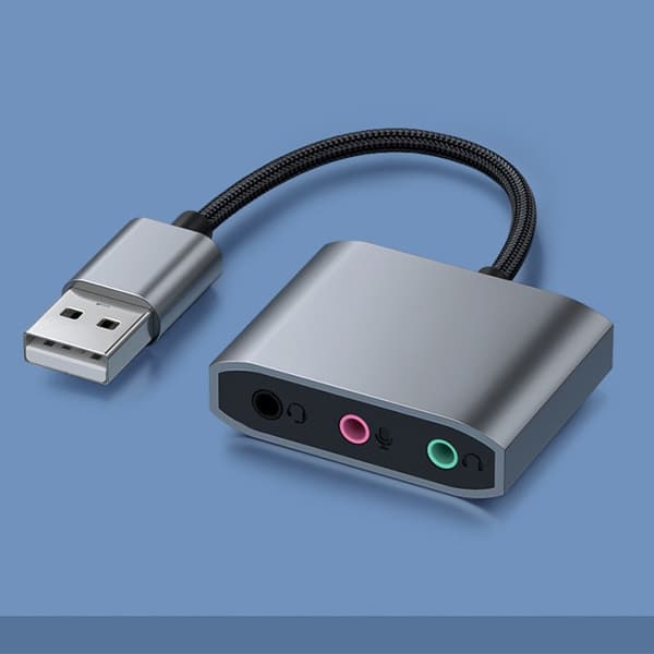 USB Dobbelt Port Eksternt Lydkort Lydkabel til PC, Bærbar Computer - Sølv, Kompatibel med Windows og macOS