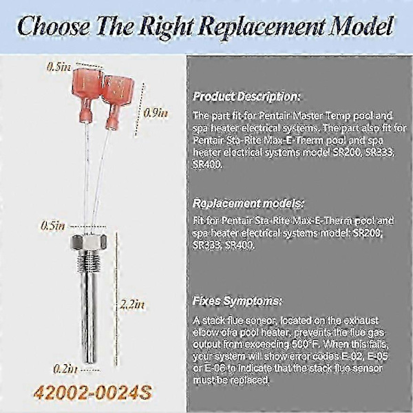 42002-0024S Stack Flue Sensor Erstatning for Pentair Sta-Rite MasterTemp Max-E-Therm Basseng & Spa Varmer SR200 SR333 SR400