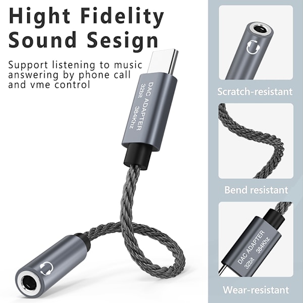 32bit / 384kHz USB-C til 3,5 mm lydadapterkabel DAC-adapter Grå
