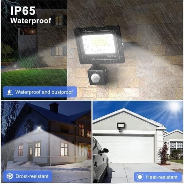 20W Utendørs LED Flomlys (24 LED-er) - Bevegelsessensor - IP65 Vanntett - 6500K (Kald Hvit)