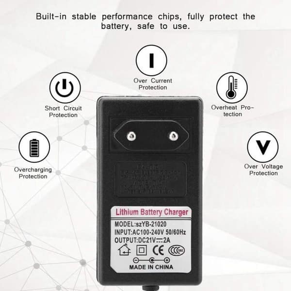 AC 100-240V til DC 21V 2A strømadapter for litiumionbatterilader