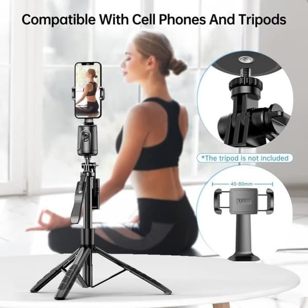 Telefonholder med automatisk ansigtssporing, 360° hurtig rotation, Gimbal-stabilisator til iPhone eller Android - Sort