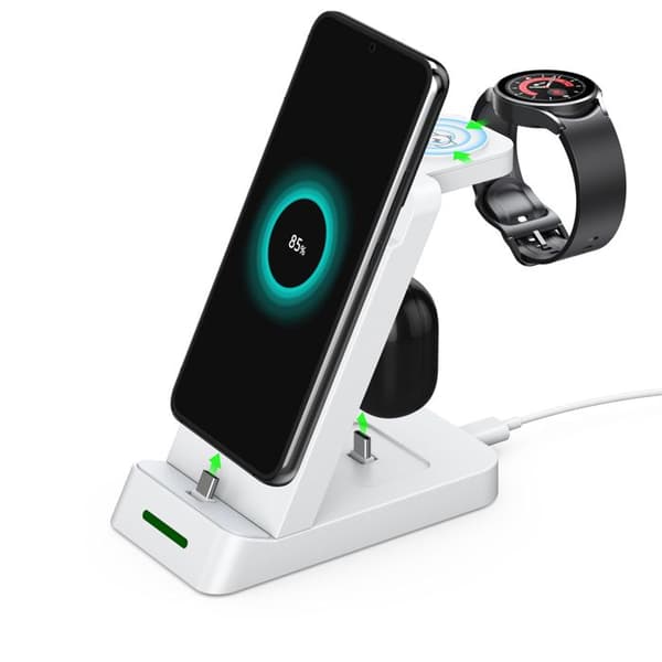 3-i-1 Trådløs Oplader til Telefon, Smartwatch, Opladerkabel Hvid