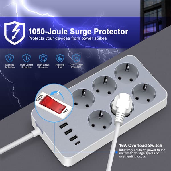EU-standardin jatkojohto USB- ja Type-C-porteilla