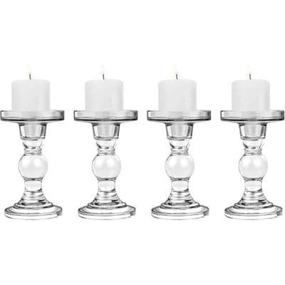 Sett med 4 lysestaker i glass, 8, 8,5 og 14 cm, med stabil støtte for koniske lys, moderne dekorasjon