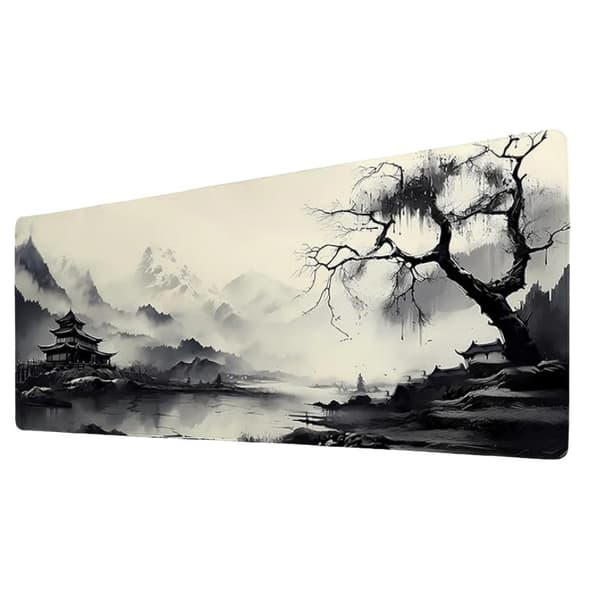 Extra Large Non-Slip Mouse Pad with Stitched Edges - Traditional Ink Drawing Design