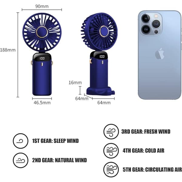 USB genopladelig bærbar ventilator med 5 hastigheder. Mini sammenklappelig bordventilator med LED-display (blå).