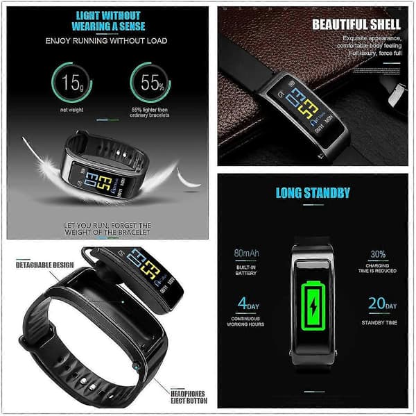 2-i-1 Smart Armband Bluetooth Headset Vattentät Klocka Trådlös Hörlur