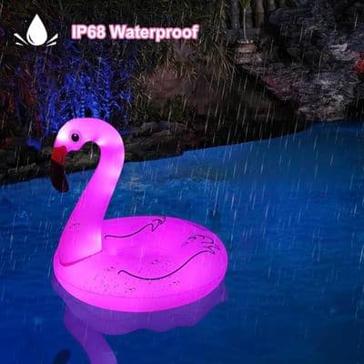 Oppustelig Flamingo Pool Float med Solcellelys, Oppustelig Pink Flamingo, Stor Flamingo Pool Float til Voksne, Flamingo Pool Float - 1 stk