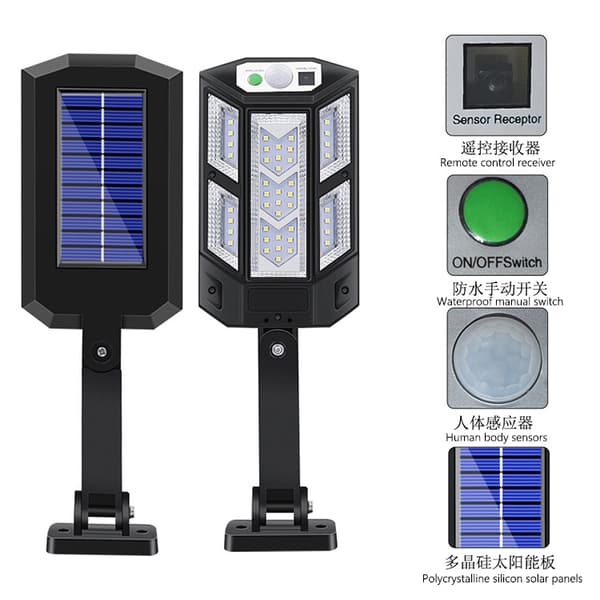 Solcellelampe utendørs, 3 moduser, bevegelsessensor, sollys, IPX65, hage, gate, utendørsbelysning