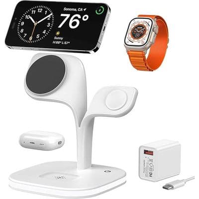 Trådløs induktionsoplader - Hurtig magnetisk ladestation - Til iPhone, AirPods, Apple Watch - Hvid