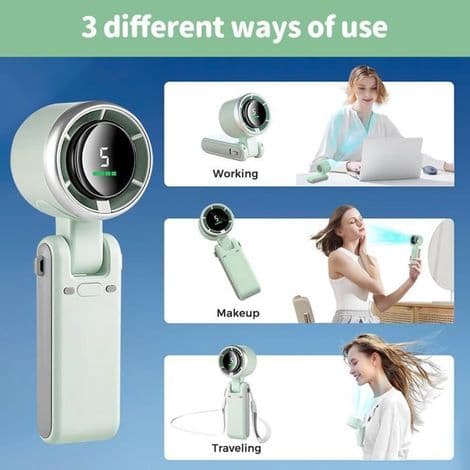 3-i-1 bærbar turboventilator. Sammenfoldelig. USB-interface. 5 blæserhastigheder. 180° justerbar nakkestrop.