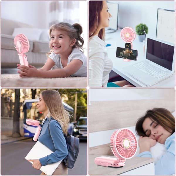 Mini bærbar ventilator. USB genopladelig ventilator. Med stativ. Stille og foldbar lommeventilator (pink).