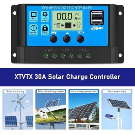 Solcellepanel ladekontroller, 12V/24V, 30A, LCD-skjerm, dobbel USB-port