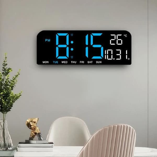 Stor digital väggklocka - LED-display - Justerbar ljusstyrka - Blå
